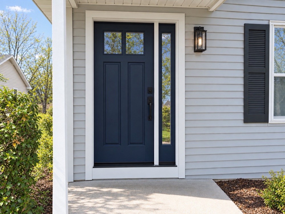 Insulated navy blue entry door with a glass sidelite and white trim on a gray-sided home