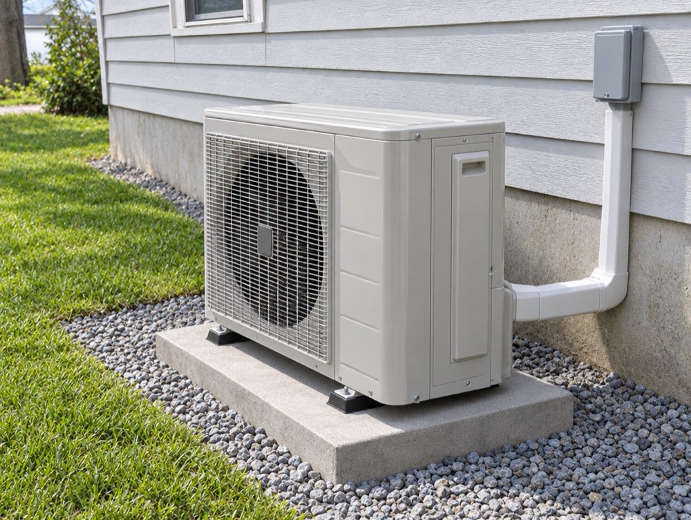 New heat pump outdoor unit on a concrete pad with a gravel bed and a tidy line set