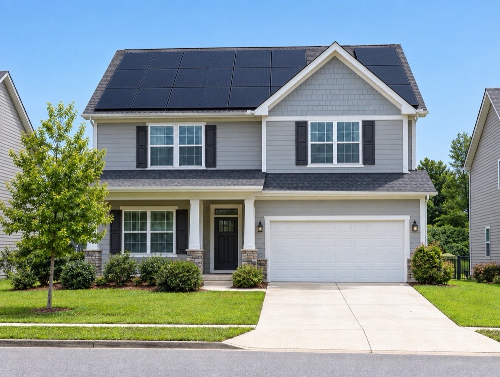 The same two-story home with a clean black solar panel array across the roof